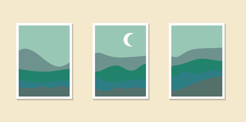 Bohemian nightfall wall poster collection. Green landscape with dune. Abstract fields and desert. Vector illustration