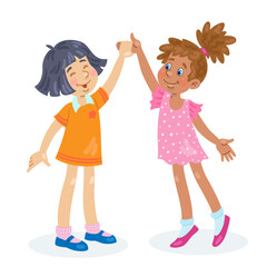 Two cute little girls stand holding hands. In cartoon style. isolated on white background. Vector illustration.