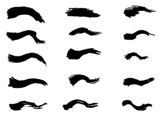 Black paint wavy brush strokes vector collection. Dirty curved lines and wavy brushstrokes. Ink illustration isolated on white background. 