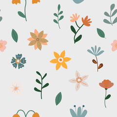 Flower seamless pattern. Bohemian style with grass and bloom. Springtime. Minimal elements. Vector illustration