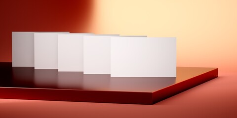 3D rendering premium white business cards mockup on metallic background multiple overlapping visiting card standing front view for branding identity