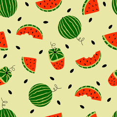 Seamless watermelons, watermelon slice, vector illustration, tropical fruit pattern in summer style.