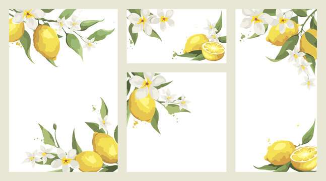 Summer card with jasmine flowers and lemon branch. Floral design elements for wedding invitation, label for drinks. Vector illustration.