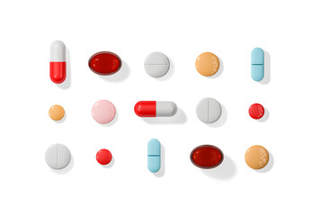 Different colorful pills on white background