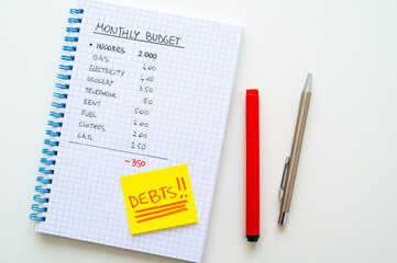 Squared notebook, with monthly budget, calculations, yellow card with the text "debts" and beside it coins and pens. Rising prices and inflation, economic difficulties and consequences. 