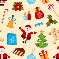 Color seamless pattern with different symbols of Christmas. Vector Illustration