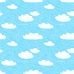 Blue sky with white clouds. Seamless pattern. Hand drawn illustration with swirls