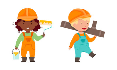 Kids builders wearing overalls and hardhats set. Cute boy and girl working as plumber and painter cartoon vector illustration