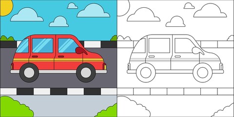 Car on the highway suitable for children's coloring page vector illustration