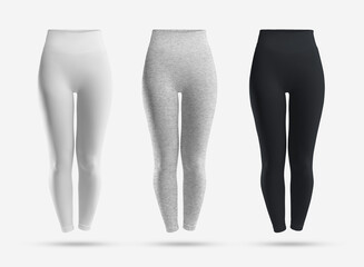 White, black and heather women's compression leggings mockup, 3D rendering, isolated on background, front view. pants template with long waist, no body. Tracksuit, sportswear