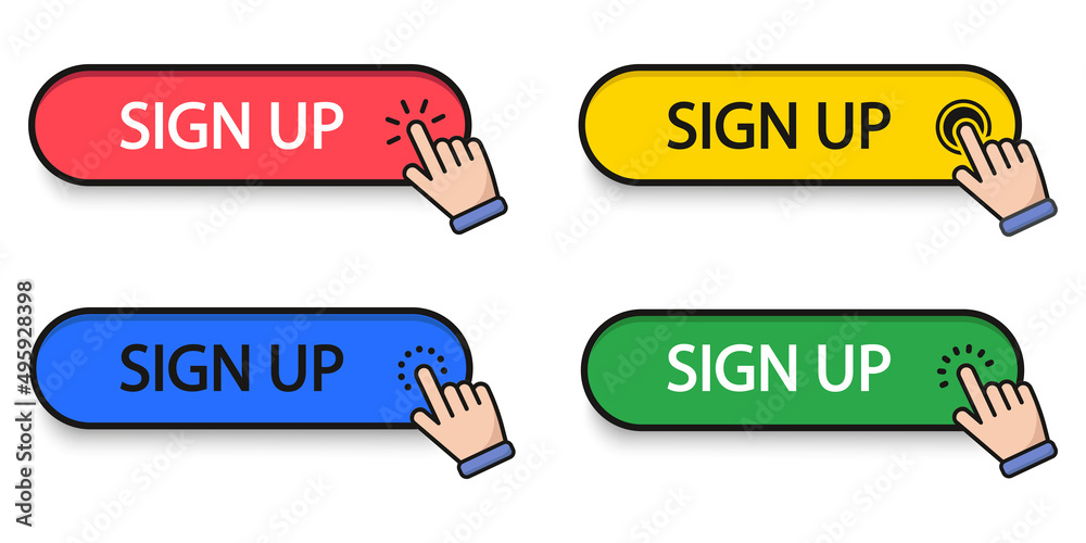 Poster sign up 3d button set with mouse pointer clicking. white background. vector illustration