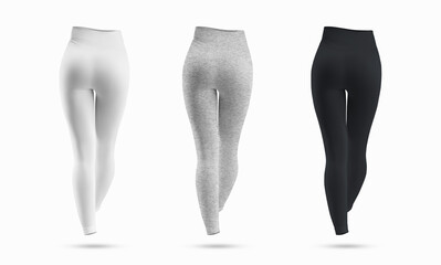 Templates of white, black and heather mockups of women's sports leggings for running and yoga.