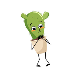 Cute cactus in pot character with love emotions, happy face, smile, arms and legs. Houseplant with funny expression. Vector flat illustration