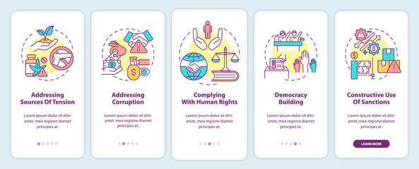 Preventing armed conflicts onboarding mobile app screen. Democracy walkthrough 5 steps graphic instructions pages with linear concepts. UI, UX, GUI template. Myriad Pro-Bold, Regular fonts used