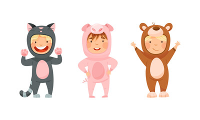 Happy kids animal in costumes set. Adorable children wearing as cat, pig and bear cartoon vector illustration