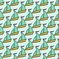 colored seamless pattern with sailing ships. doodle vector ships pattern