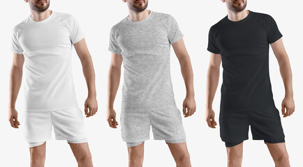 Set of t-shirt and sports shorts mockup with compression undershorts.