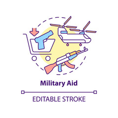 Military aid concept icon. Type of international aid abstract idea thin line illustration. Lethal weapons. Guns, aircraft. Isolated outline drawing. Editable stroke. Arial, Myriad Pro-Bold fonts used