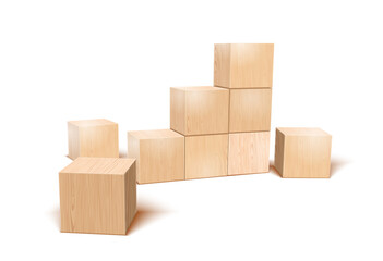 Stack of Wooden Blocks 3d Realistic Vector Illustration. Front Perspective View. Business, Creative or Idea Template. Isolated on White Background
