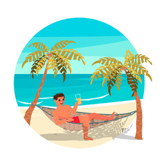 Young handsome man lies in a hammock between palm trees