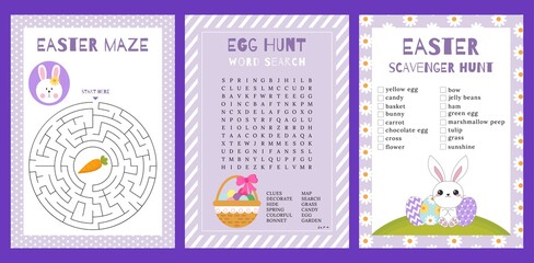 Collection of Easter games. Educational holiday crossword. Printable activity worksheet for children. Party cards. Festive maze, labyrinth, egg hunt word search, scavenger hunt. Vector eps10