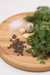 seasonings for cooking healthy food on a wooden board.