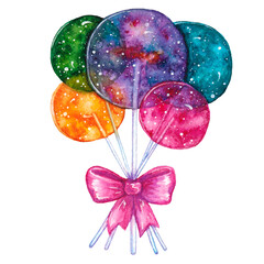 Watercolored hand drawn multicolored bouquet of space curcle lollipops with stars and pink bow