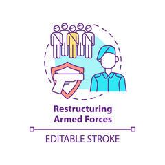 Restructuring armed forces concept icon. Rebuilding nation from war abstract idea thin line illustration. Soldier training. Isolated outline drawing. Editable stroke. Arial, Myriad Pro-Bold fonts used