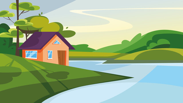House on the lake in summer season. Beautiful nature landscape.