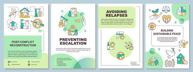 Fototapeta na wymiar Post conflict recovery green brochure template. Preventing escalation. Leaflet design with linear icons. 4 vector layouts for presentation, annual reports. Arial-Bold, Myriad Pro-Regular fonts used