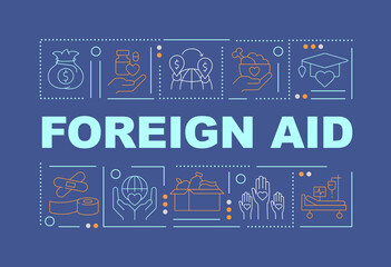 Overseas aid word concepts dark blue banner. Financial contributions. Infographics with icons on color background. Isolated typography. Vector illustration with text. Arial-Black font used