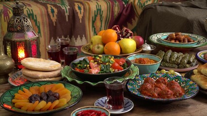 Eid mubarak. Traditional Middle Eastern cuisine, evening meal. Ramadan iftars marks the end of fasting. Holiday islamic table with dates, Oriental food and sweets.