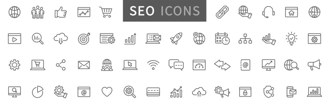 Search Engine Optimization thin line icons set. SEO icon collection. Web development and optimization icons. Vector