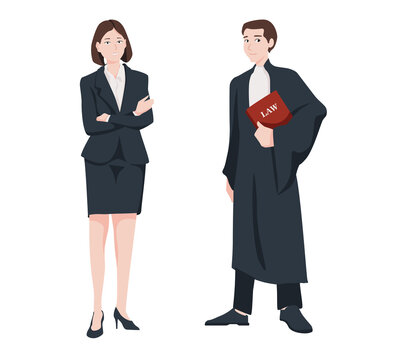 Vector illustration judiciary. Standing woman lawyer or jurist in a skirt and a judge in a robe and with a law in her hand in cartoon style.