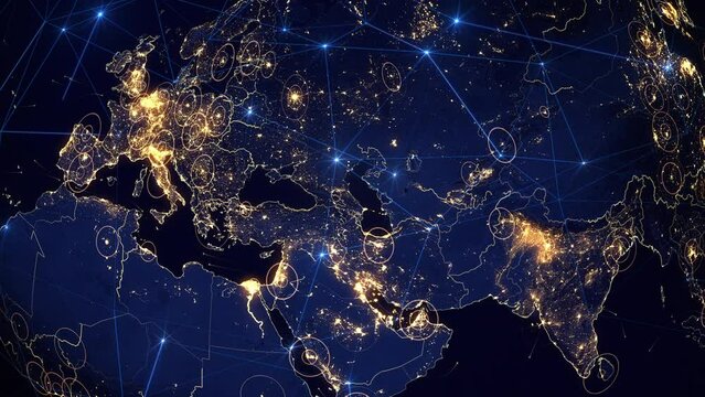 Digital Grid Over Planet Earth. Telecommunication Networks From Europe To Asia. Internet of Things.