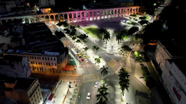 Night scape of Rio de Janeiro Brazil. Panoramic view of illuminated downtown district of Rio de Janeiro Brazil. Buildings and avenue landmark of city. Famous Rio de Janeiro capital city.