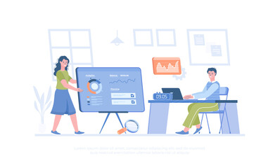 Budget analysis, financial management, cost analysis. Employees doing research and reviewing costs. Cartoon modern flat vector illustration for banner, website design, landing page.