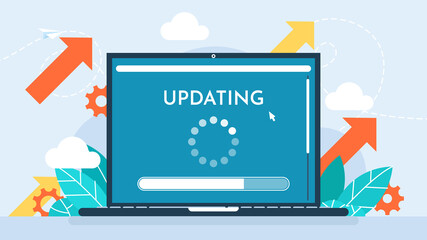 Software update or operating system. Updating progress bar. Installing app patch. Upgrade to keep the device up to date with added functionality in the new version. Flat design. Vector illustration.