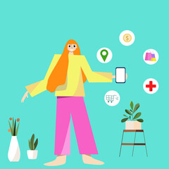 Flat vector girl.Commerce illustration online shopping concept with icons.Online shopping concept. E-commerce, customer on the sale.Vector illustration