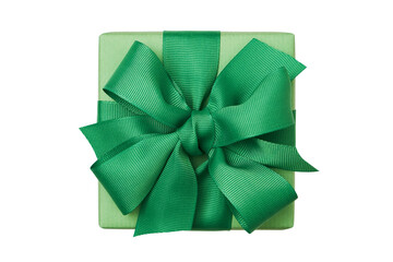 Gift box wrapped in craft paper with green bow isolated on white background