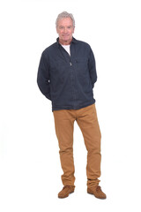 Fototapeta premium front view of a man, amrs on back, on white background