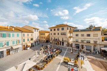 Market square in Grosseto town on sunny autumn day. Main city of Maremma region in Italy