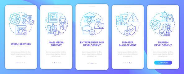 Developmental activities blue gradient onboarding mobile app screen. Walkthrough 5 steps graphic instructions pages with linear concepts. UI, UX, GUI template. Myriad Pro-Bold, Regular fonts used