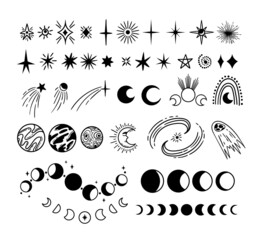 Celestial or Spase objects - stars, planets, comet, moon phases magical symbols, galaxy and starburst hand drawn isolated clip arts on white, black and white vector © Maria Zamchiy 
