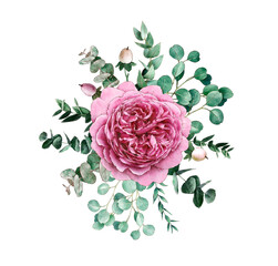 Watercolor floral bouquet design: garden pink rose flower, eucalyptus branch greenery leaves. For wedding invitations, birthday, party, save the date, fashion, background.