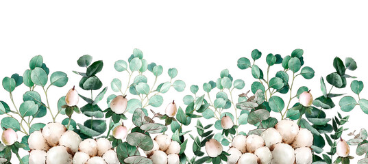 Watercolor floral border with eucalyptus leaves and cotton. Greenery frame. Rustic style. For wedding invitations, birthday, party, save the date, fashion, background, seamless pattern © Katy's Dreams