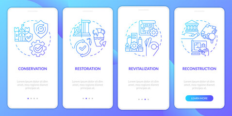 Heritage preservation blue gradient onboarding mobile app screen. Walkthrough 4 steps graphic instructions pages with linear concepts. UI, UX, GUI template. Myriad Pro-Bold, Regular fonts used