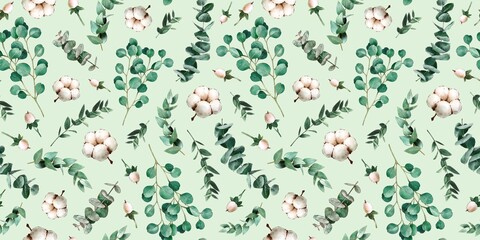Seamless watercolor floral pattern - eucalyptus leaves and cotton. Green mint leaf branches background for wrappers, wallpapers, postcards, greeting cards, wedding invitations, romantic events © Katy's Dreams