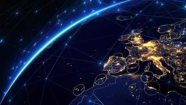 Digital Grid Over Planet Earth. Telecommunication network.  Satellite view From Europe to United States. 