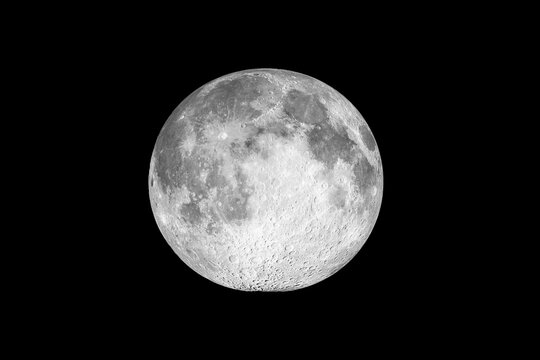 Full moon seen with a telescope from northern emisphere - Isolated on black background